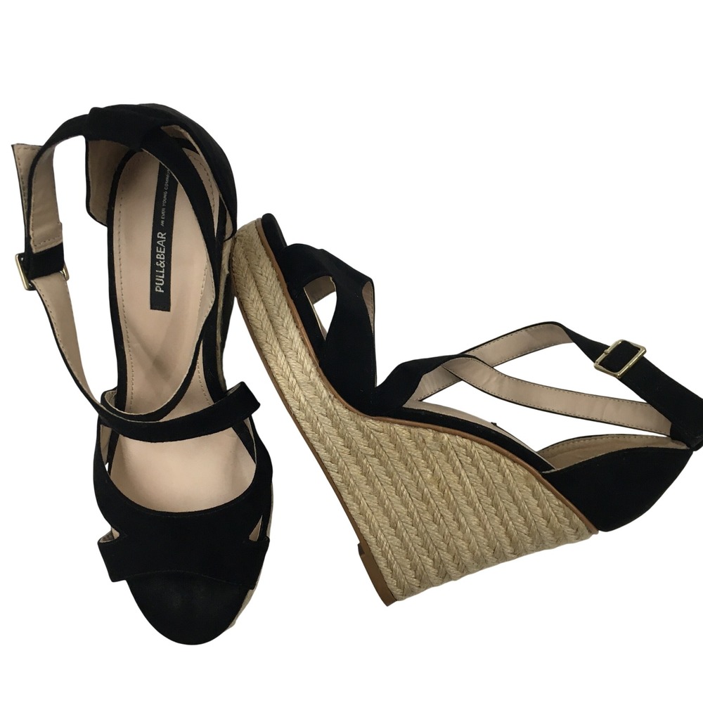 Pull&Bear Faux Suede Espadrille Wedge Sandals EU38 Black Boho Chic Summer Spring